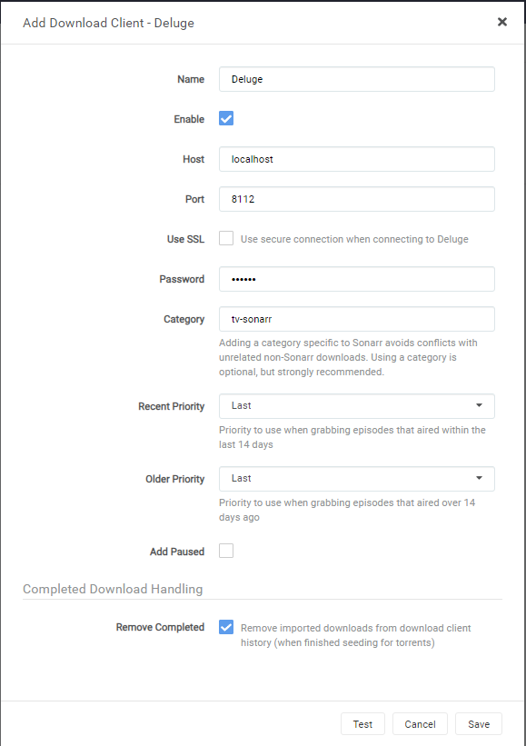 Sonarr Deluge configuration