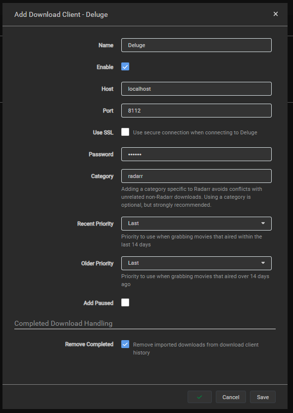 Radarr Deluge configuration